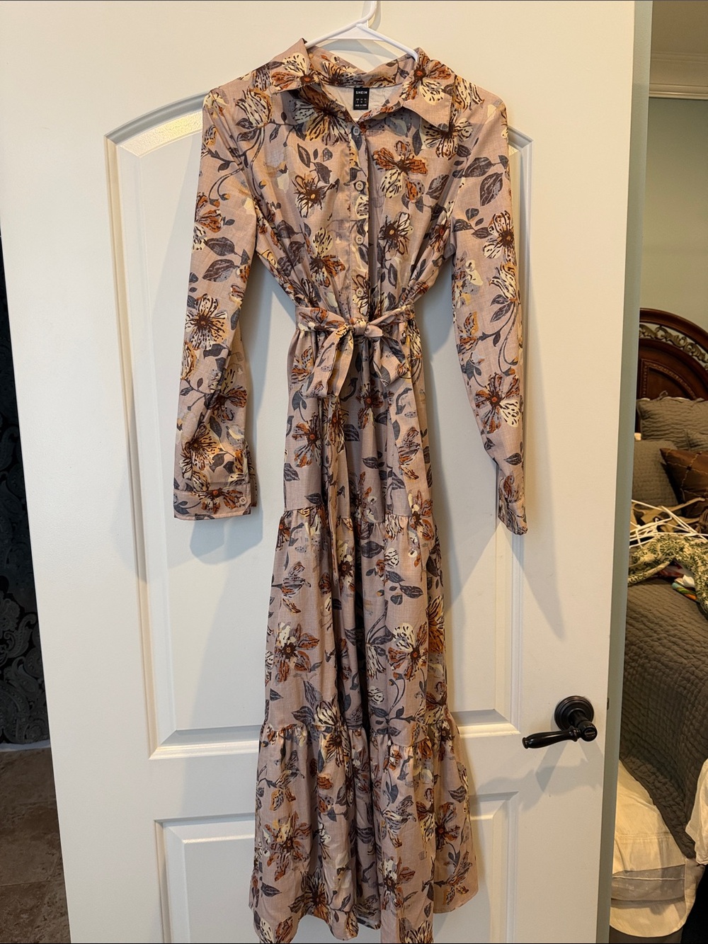Beige Floral Long-Sleeve Maxi Shirt Dress